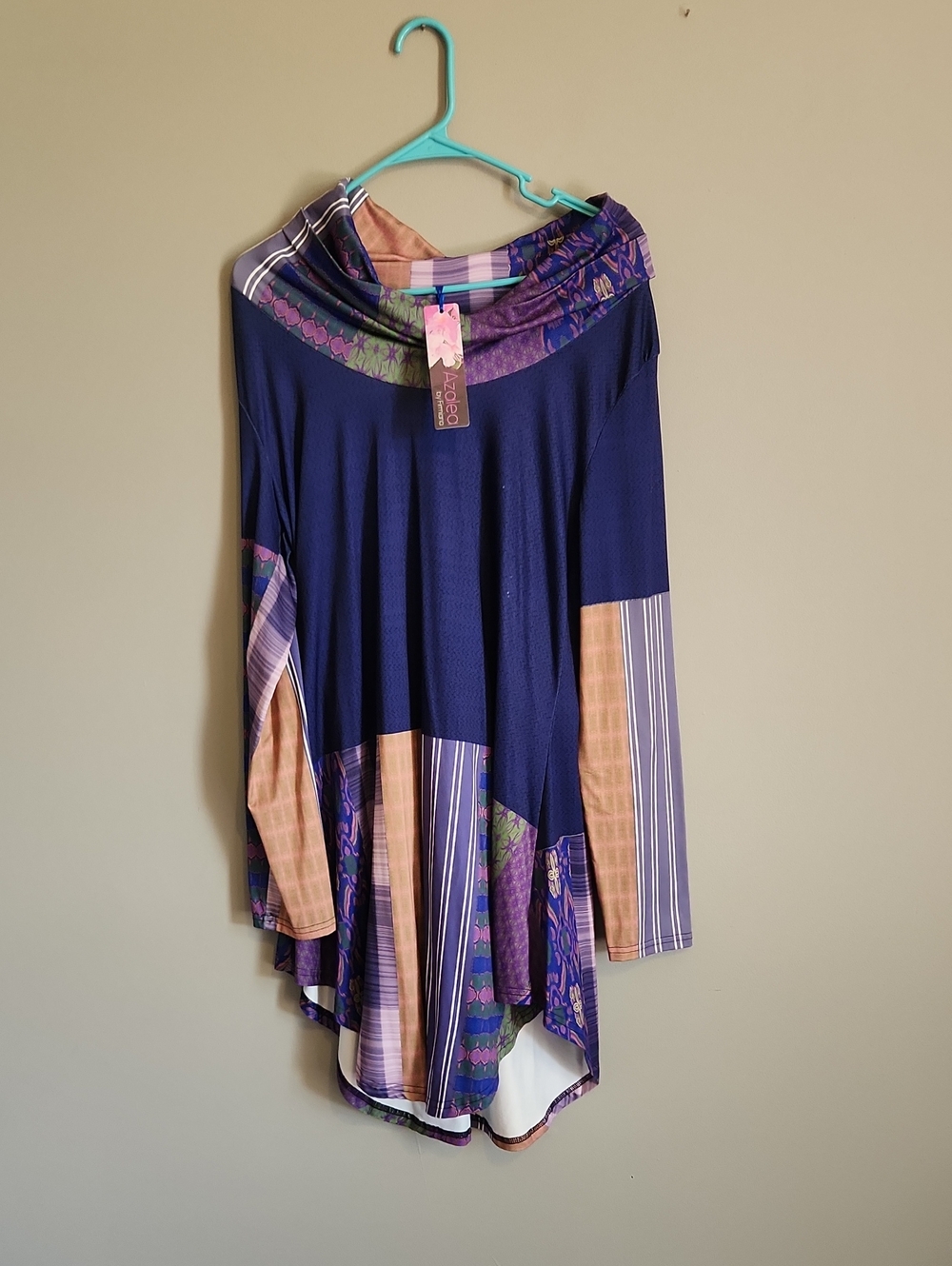 Navy Patchwork Long-Sleeve Tunic with Multicolor Accents